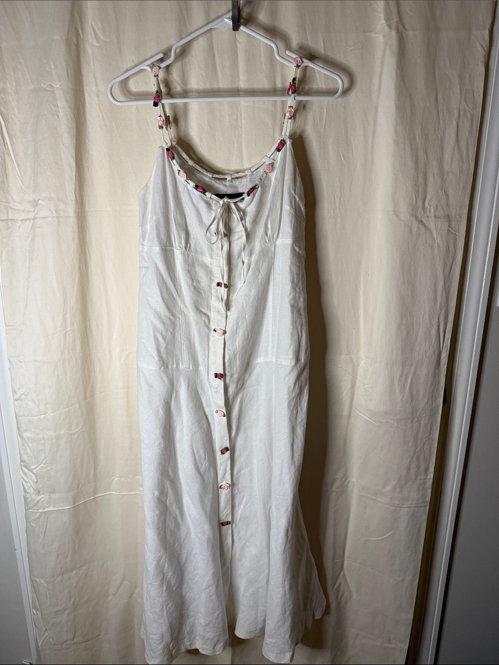 White Maxi Button-Front Sundress with Floral-Trim Straps